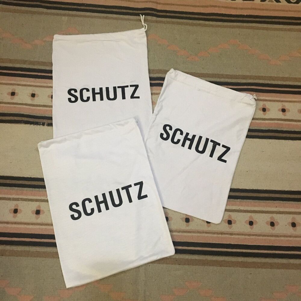 Three (3) Schutz white w/ black lettering soft material Dust bag 14” x 10”